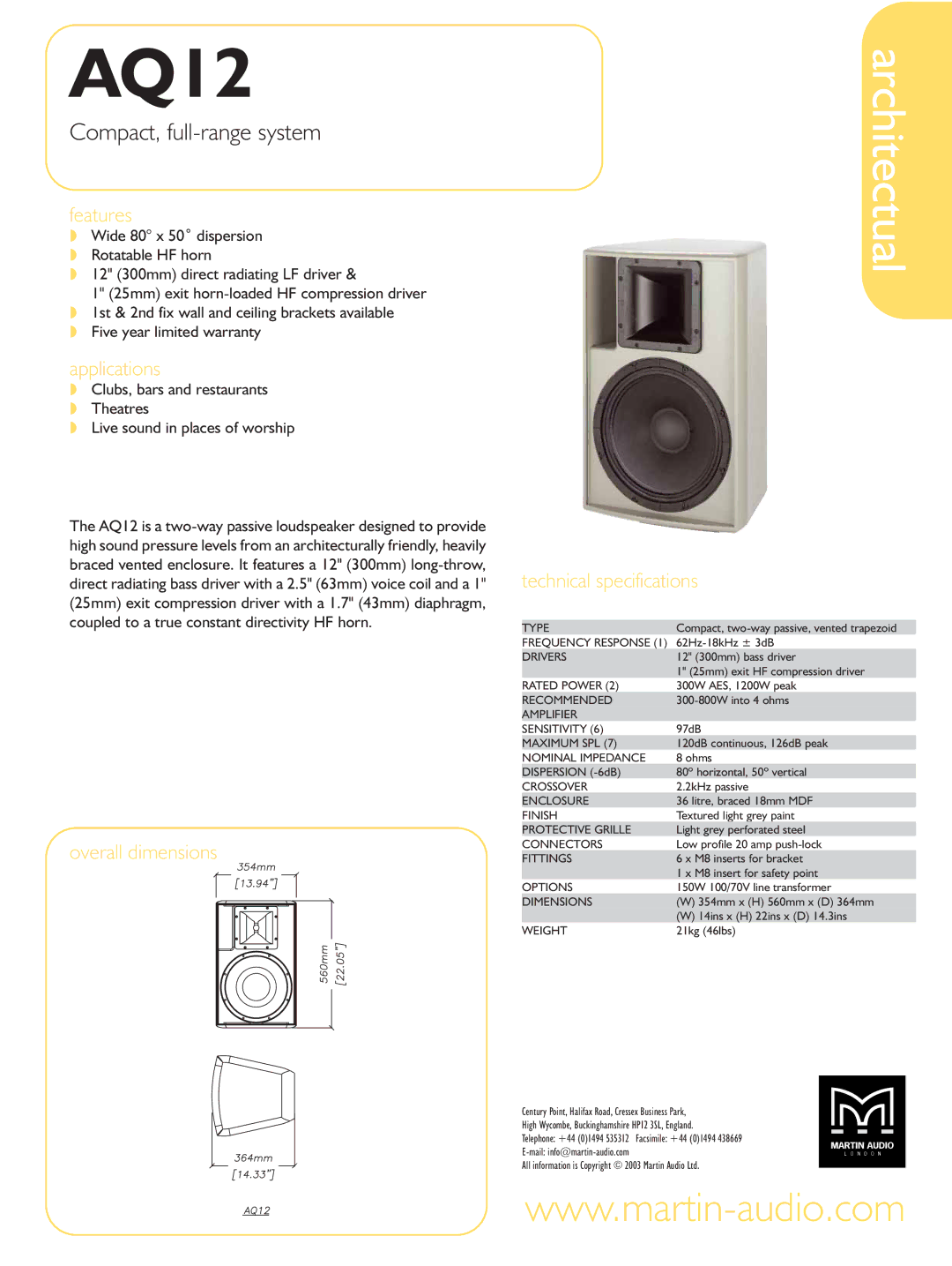 Martin Audio AQ12 technical specifications Architectual, Compact, full-range system 