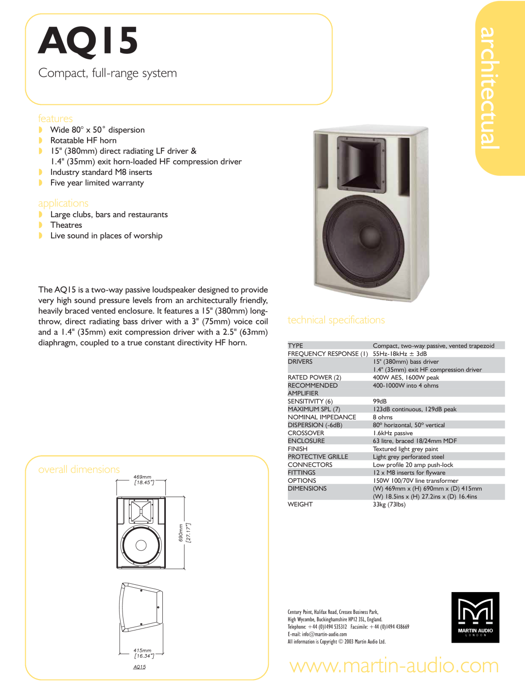 Martin Audio AQ15 technical specifications architectual, Compact, full-range system, features, applications 