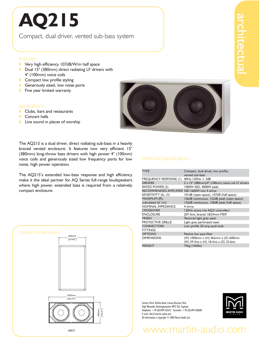 Martin Audio AQ215 technical specifications Architectual, Compact, dual driver, vented sub-bass system 