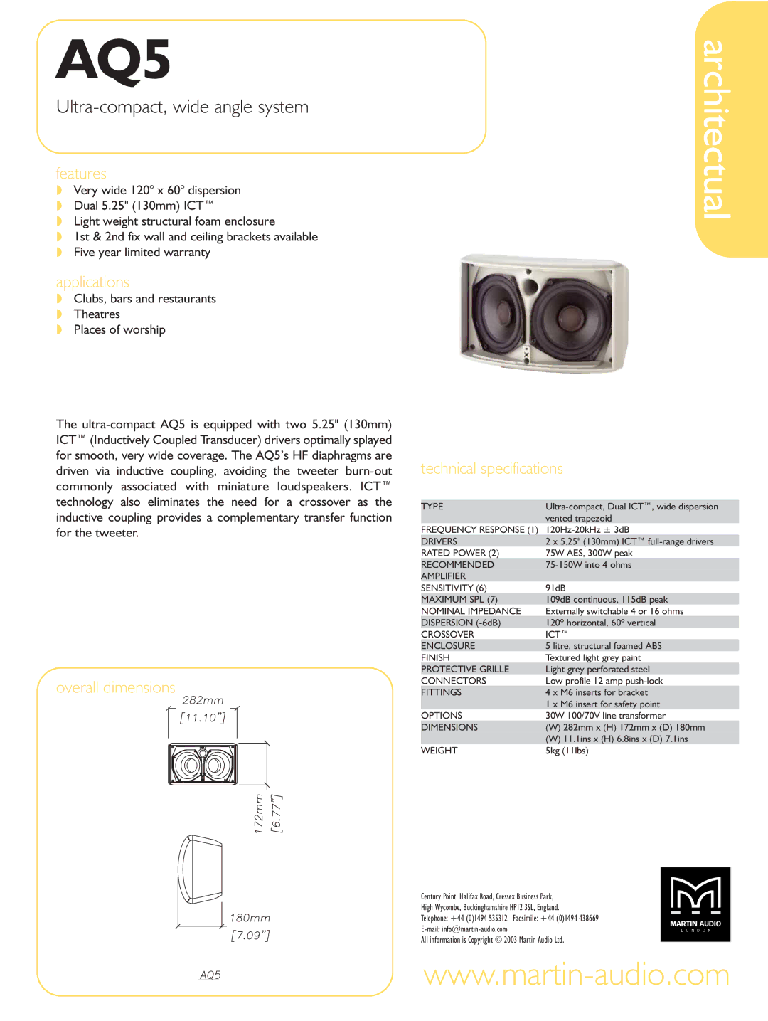 Martin Audio AQ5 technical specifications Architectual, Ultra-compact, wide angle system 