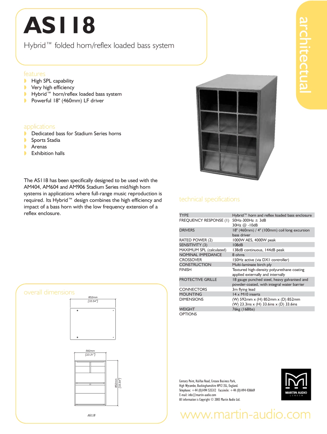 Martin Audio AS118 technical specifications Architectual, Hybrid folded horn/reflex loaded bass system 