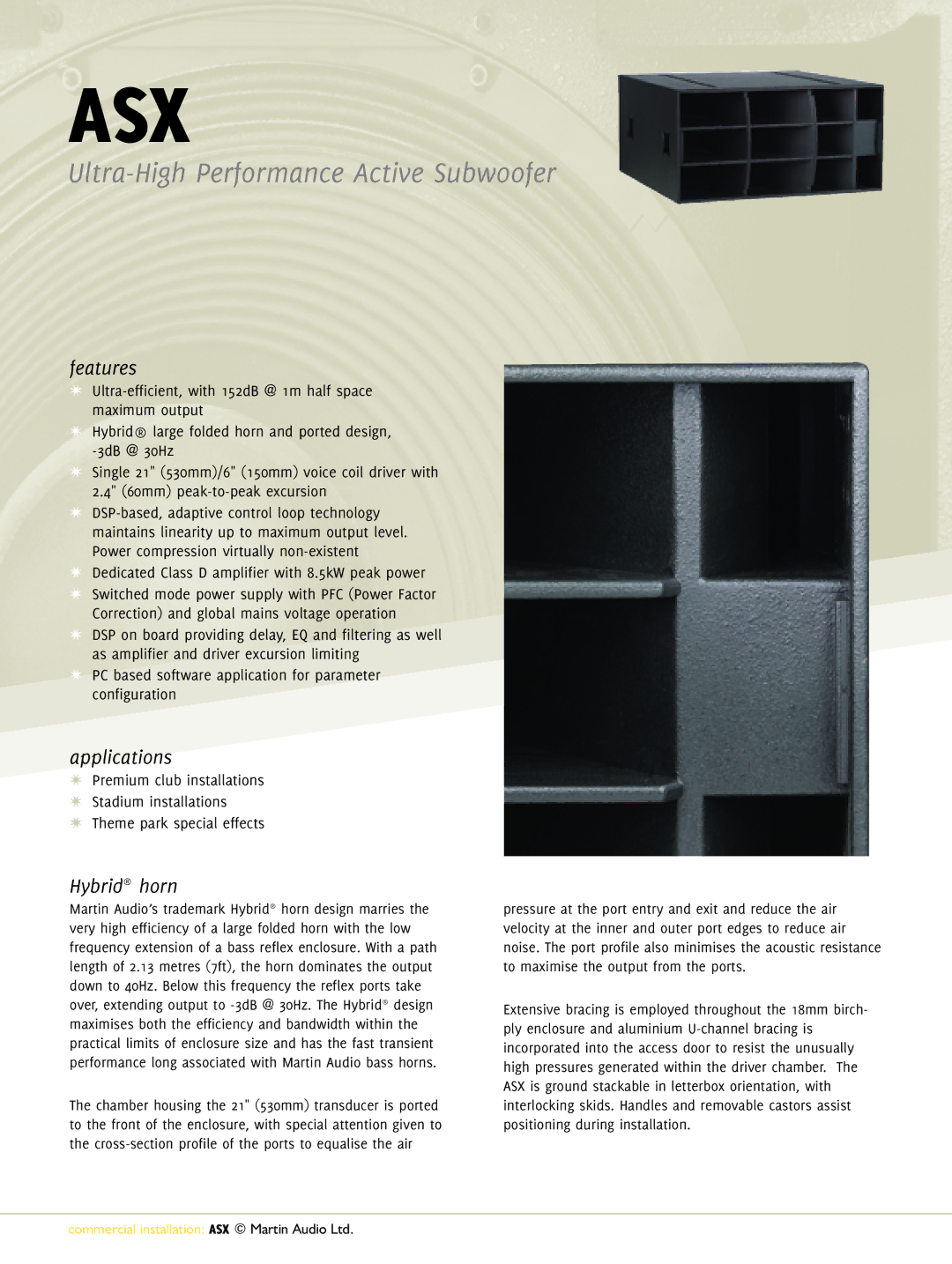 Martin Audio ASX manual Features, Applications, Hybrid horn 