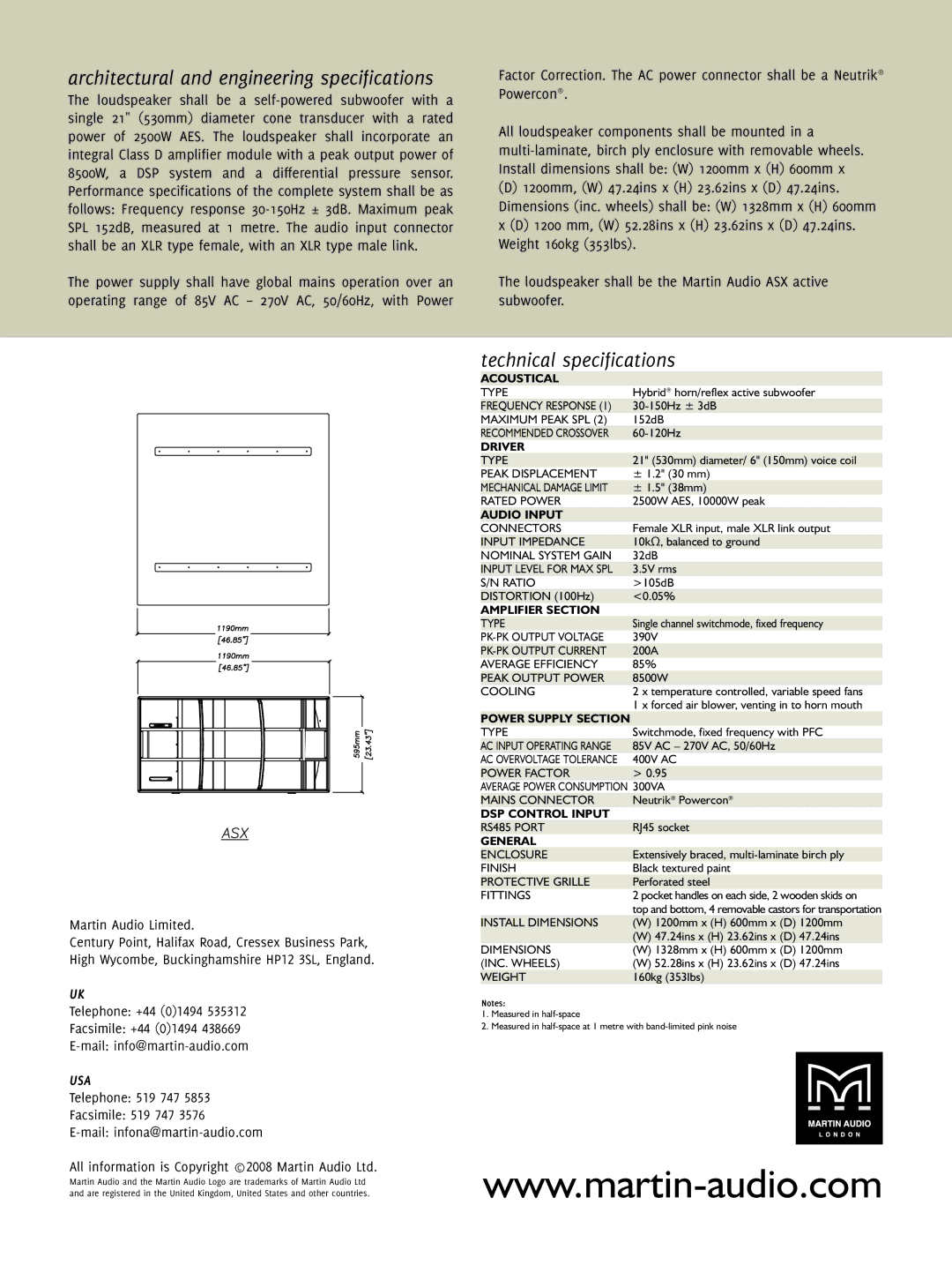 Martin Audio ASX manual Architectural and engineering specifications, Technical specifications 