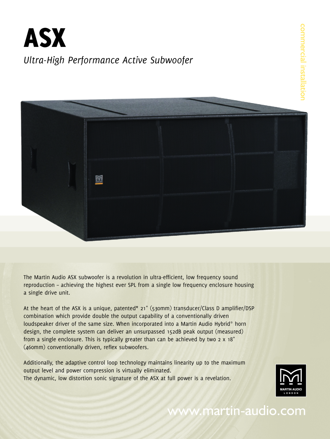 Martin Audio ASX manual Ultra-HighPerformance Active Subwoofer, commercial installation 