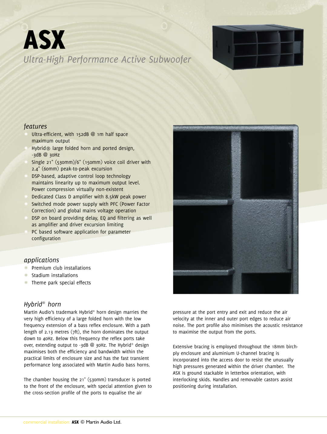 Martin Audio ASX manual features, applications, Hybrid horn, Ultra-HighPerformance Active Subwoofer 