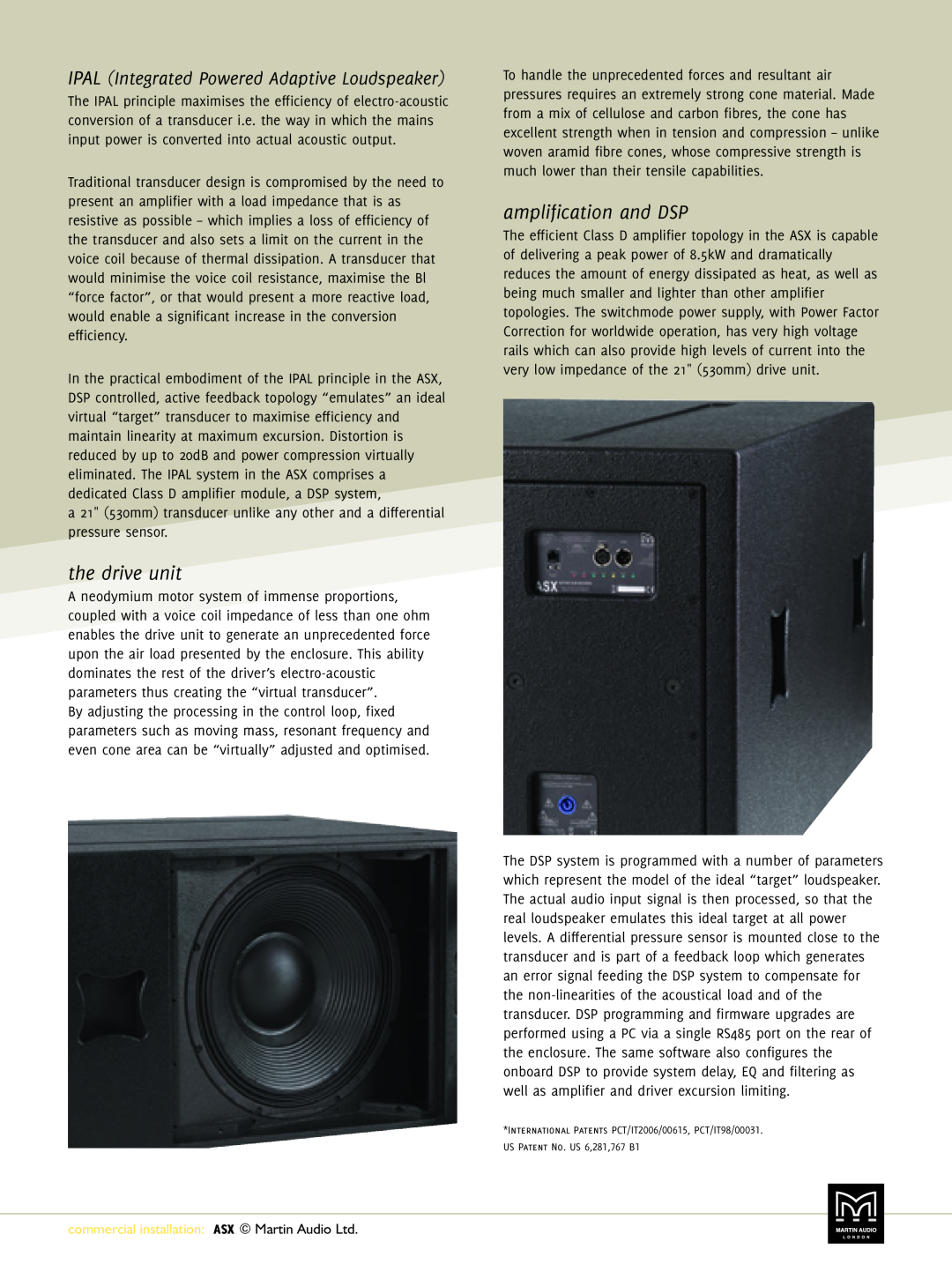 Martin Audio ASX manual the drive unit, amplification and DSP, IPAL Integrated Powered Adaptive Loudspeaker 