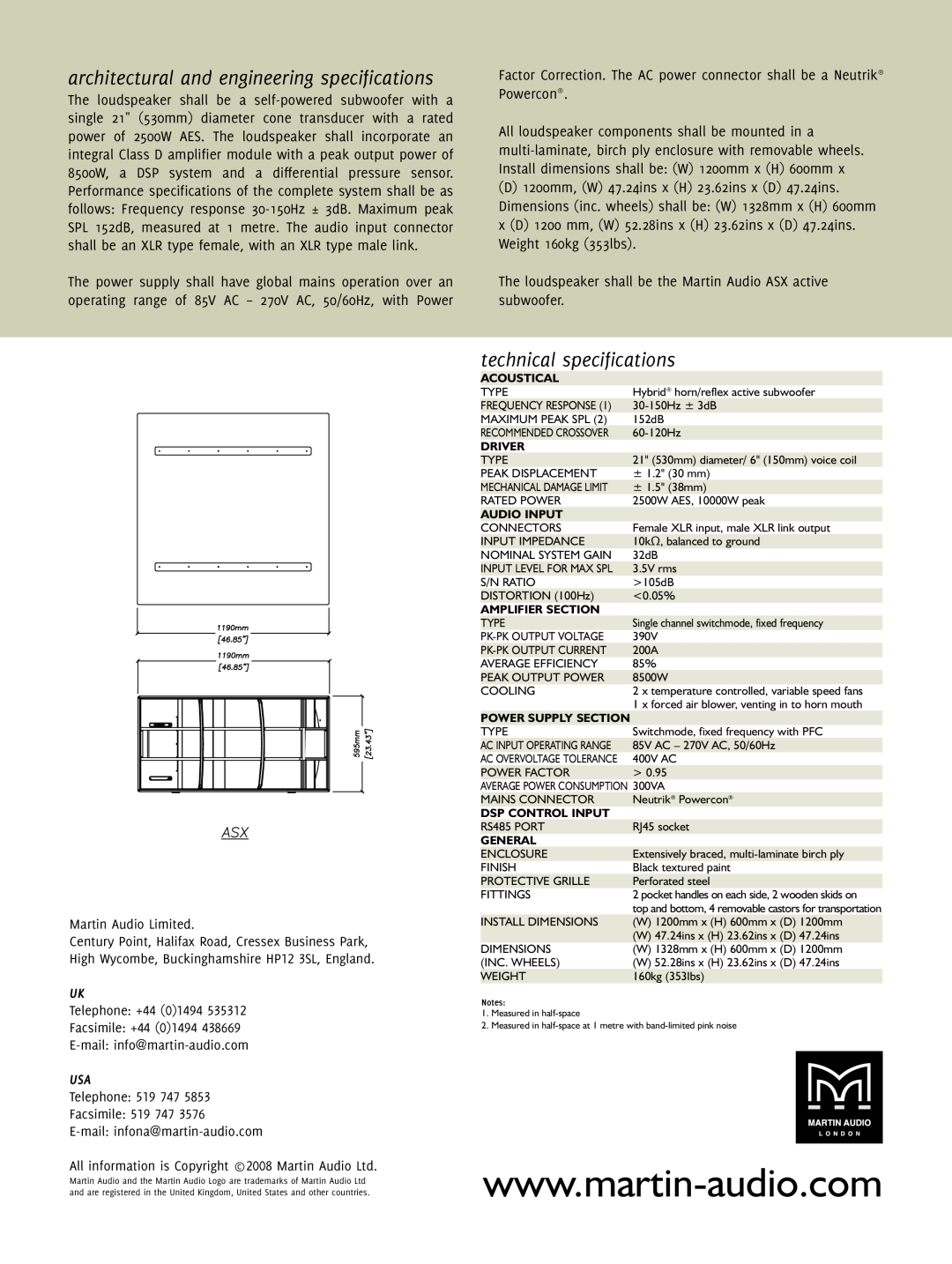 Martin Audio ASX manual architectural and engineering specifications, technical specifications 