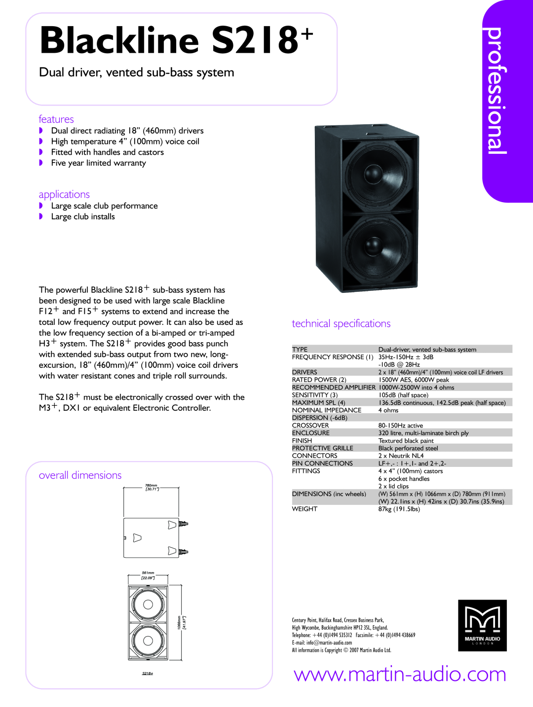 Martin Audio Blackline S218+ technical specifications professional, Dual driver, vented sub-bass system, features 