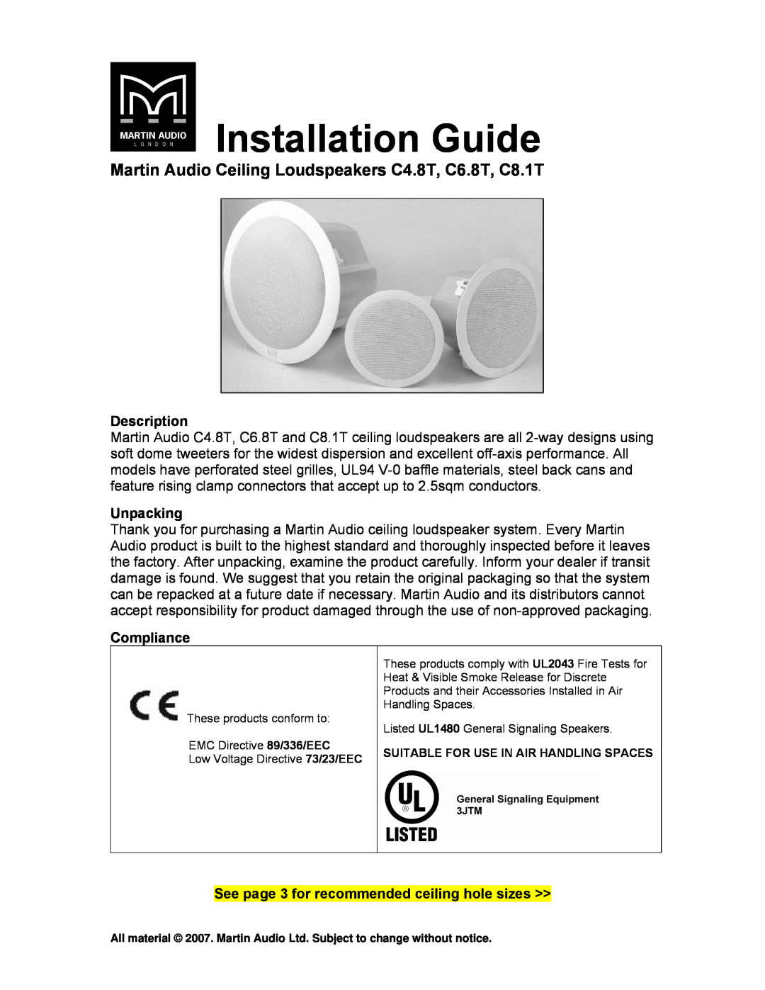 Martin Audio C8.1T Installation Guide, Description, Unpacking, Compliance, See page 3 for recommended ceiling hole sizes 