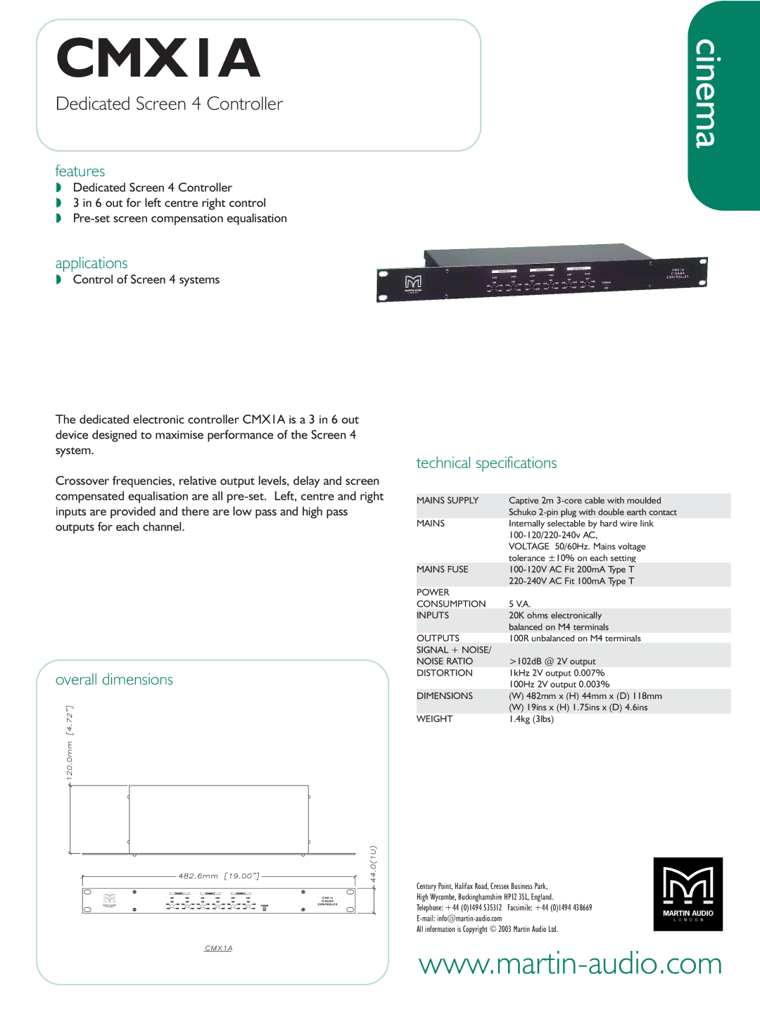 Martin Audio CMX1A technical specifications Cinema, Dedicated Screen 4 Controller 