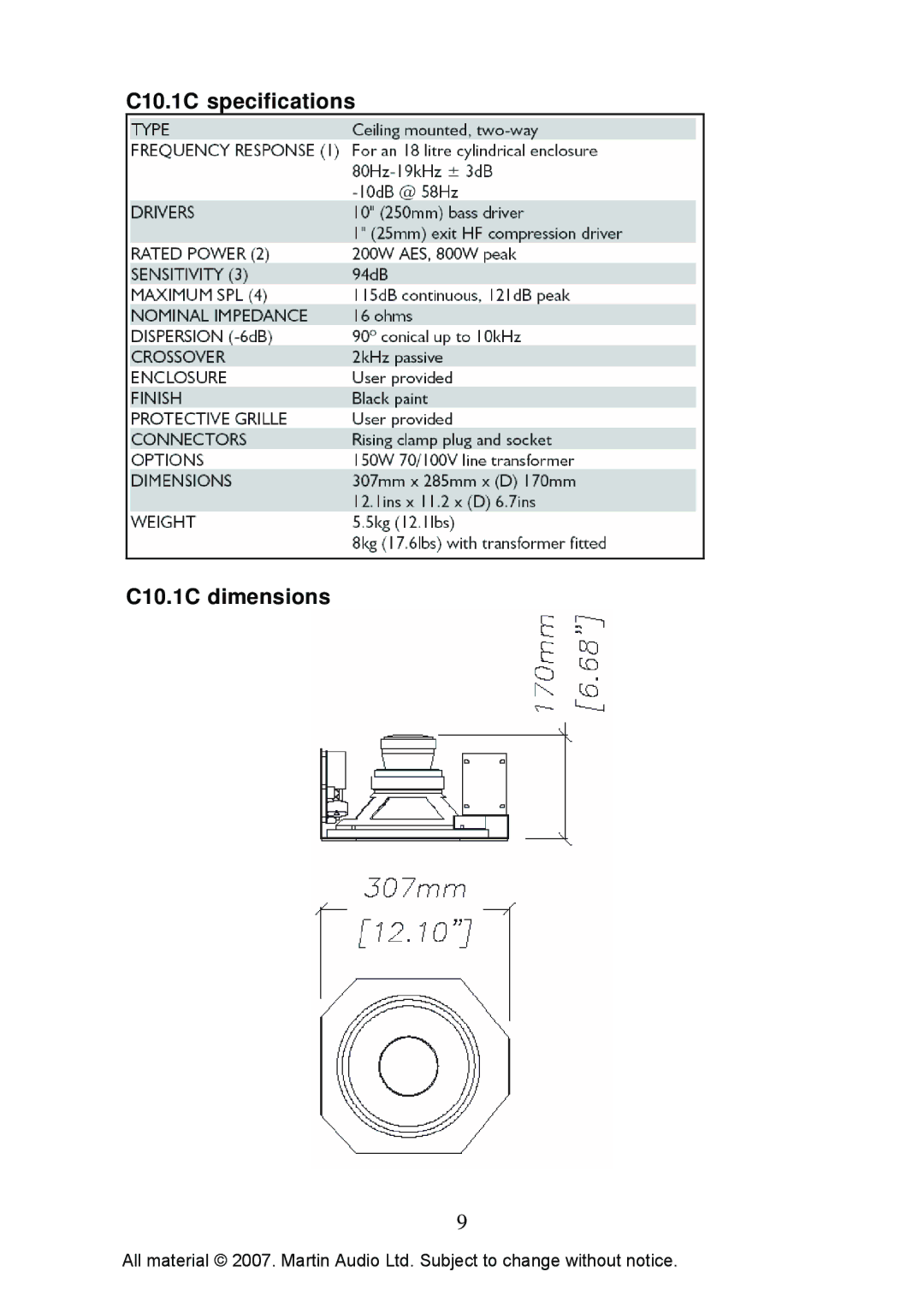 Martin Audio C10.1R, CS10T manual C10.1C specifications C10.1C dimensions 