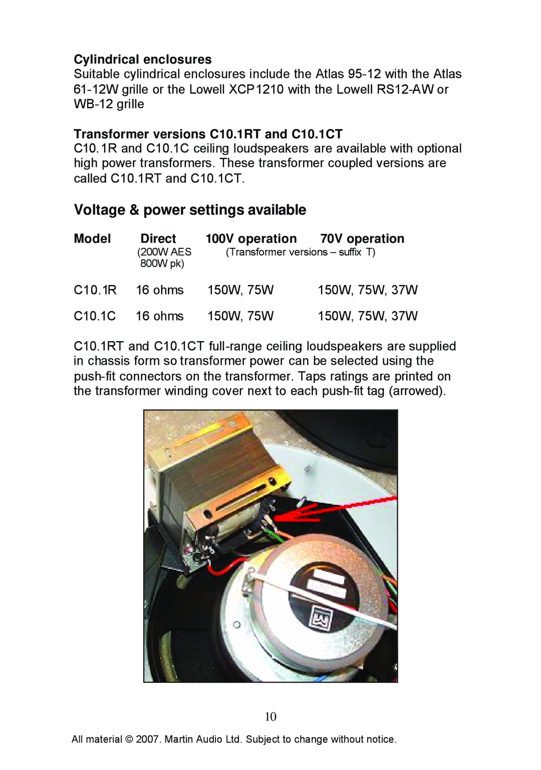 Martin Audio CS10T manual Cylindrical enclosures, Transformer versions C10.1RT and C10.1CT 