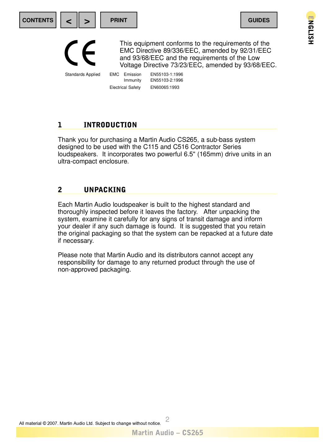 Martin Audio CS265 warranty Introduction, Unpacking 