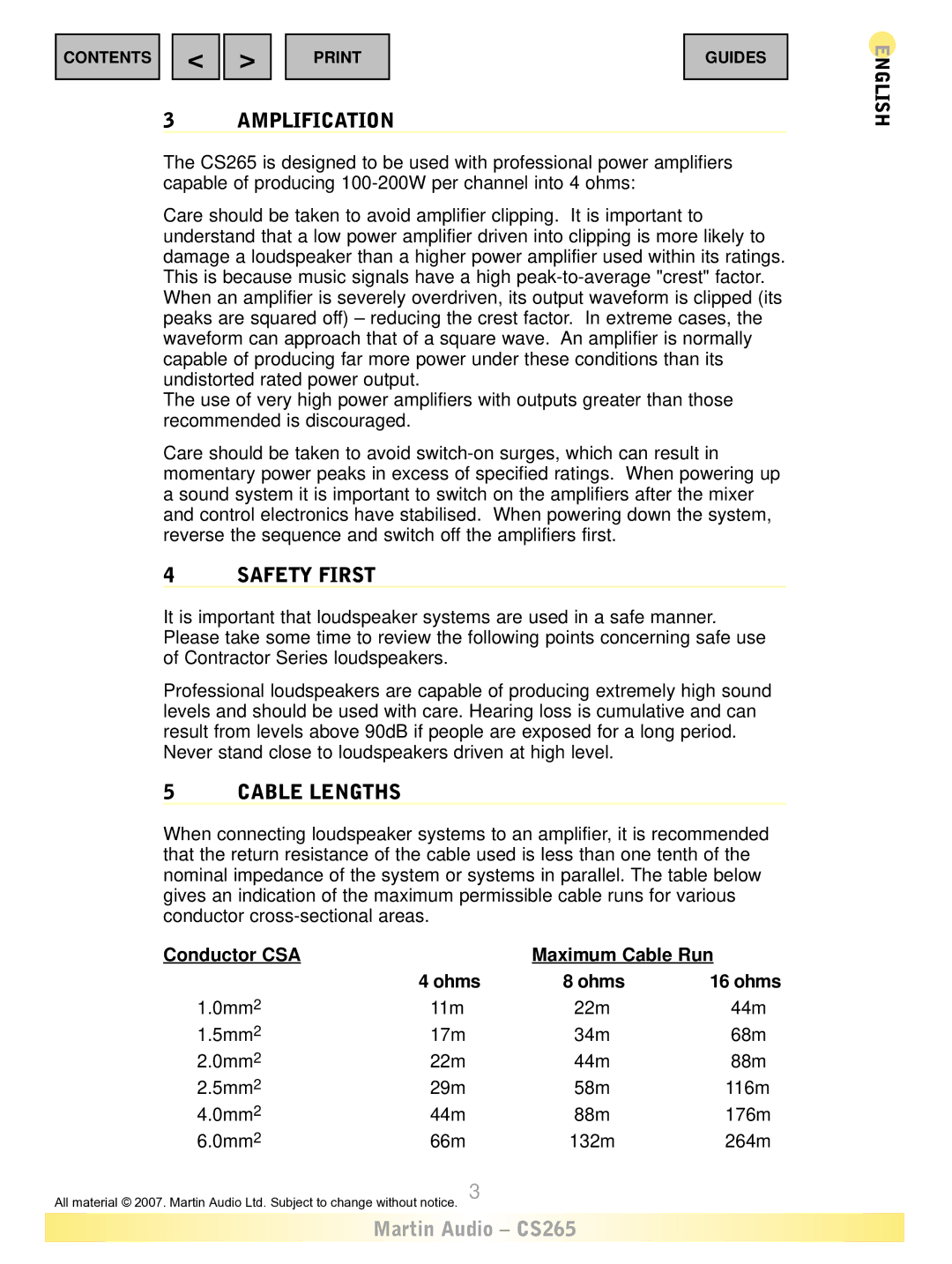 Martin Audio CS265 warranty Amplification, Safety First, Cable Lengths 