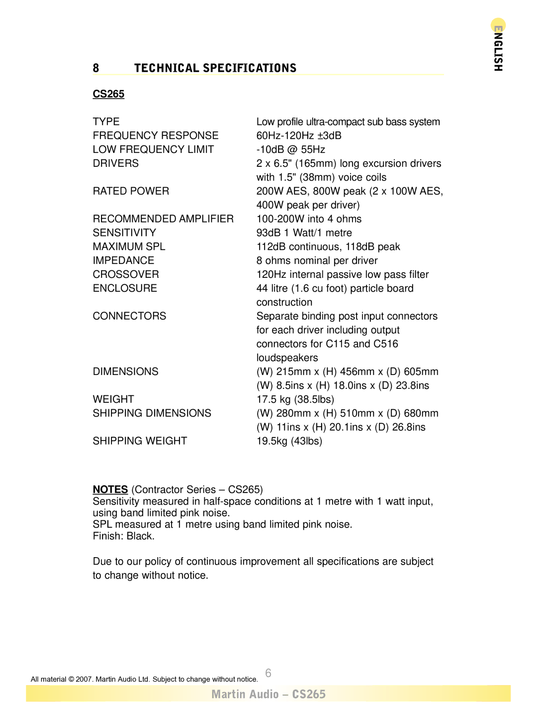 Martin Audio CS265 warranty Technical Specifications 