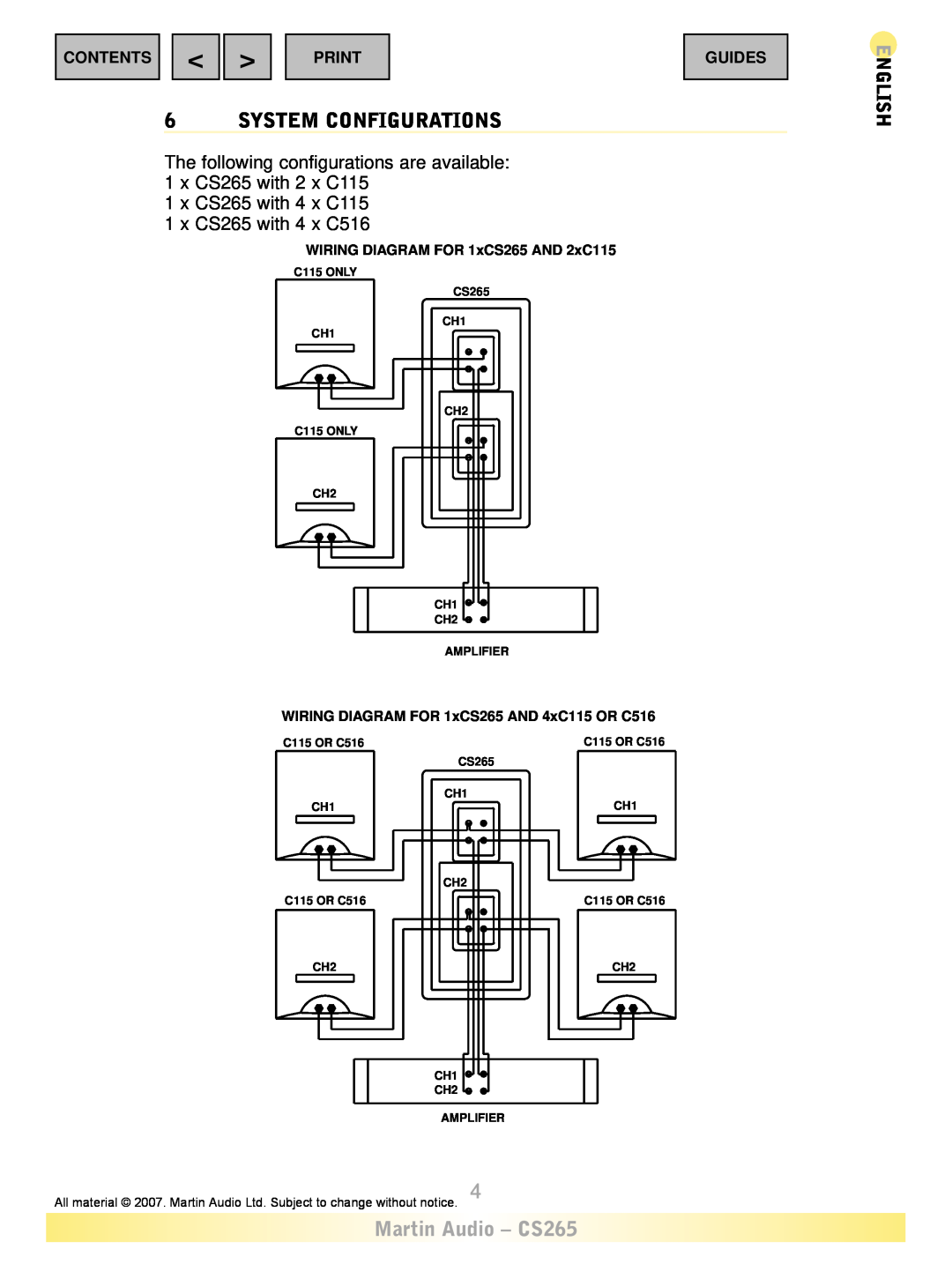 Martin Audio System Configurations, Martin Audio - CS265, English, Contents, Print, Guides, Amplifier, C115 OR C516 