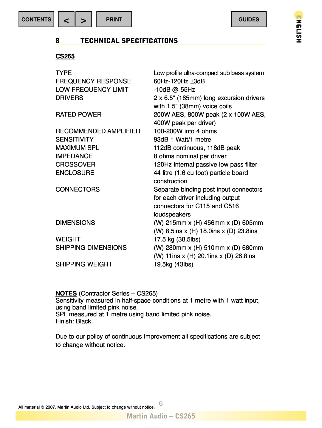 Martin Audio warranty Technical Specifications, Martin Audio - CS265, English 