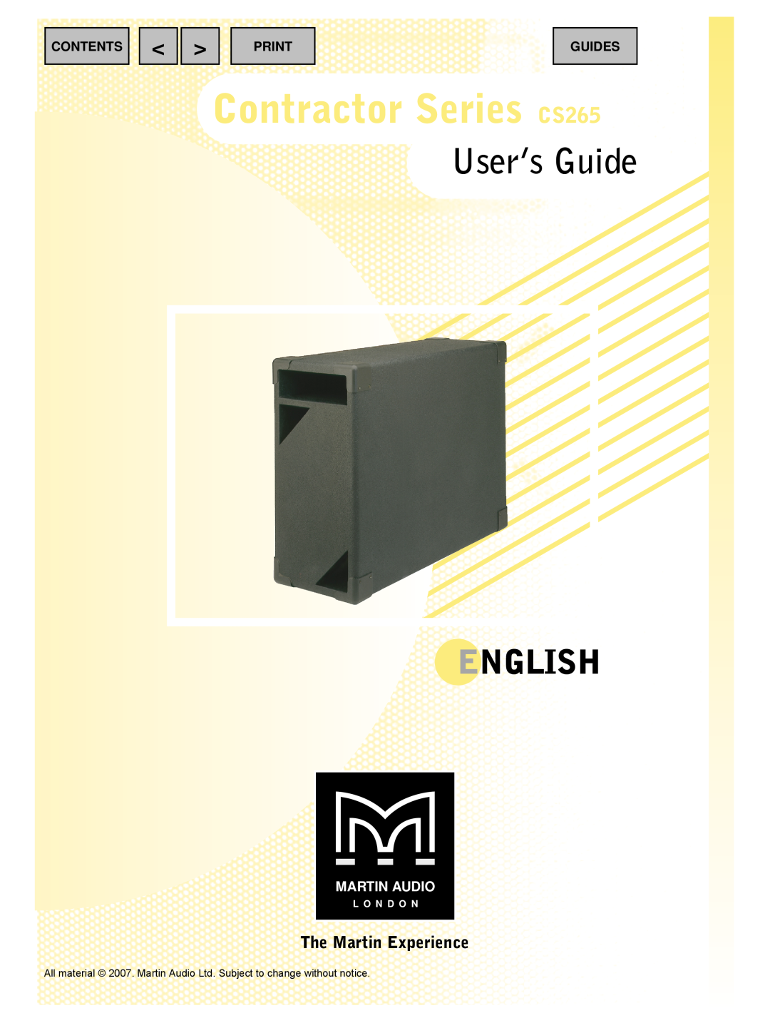 Martin Audio Contractor Series CS265, User’s Guide, English, The Martin Experience, Martin Audio, Contents, Print 