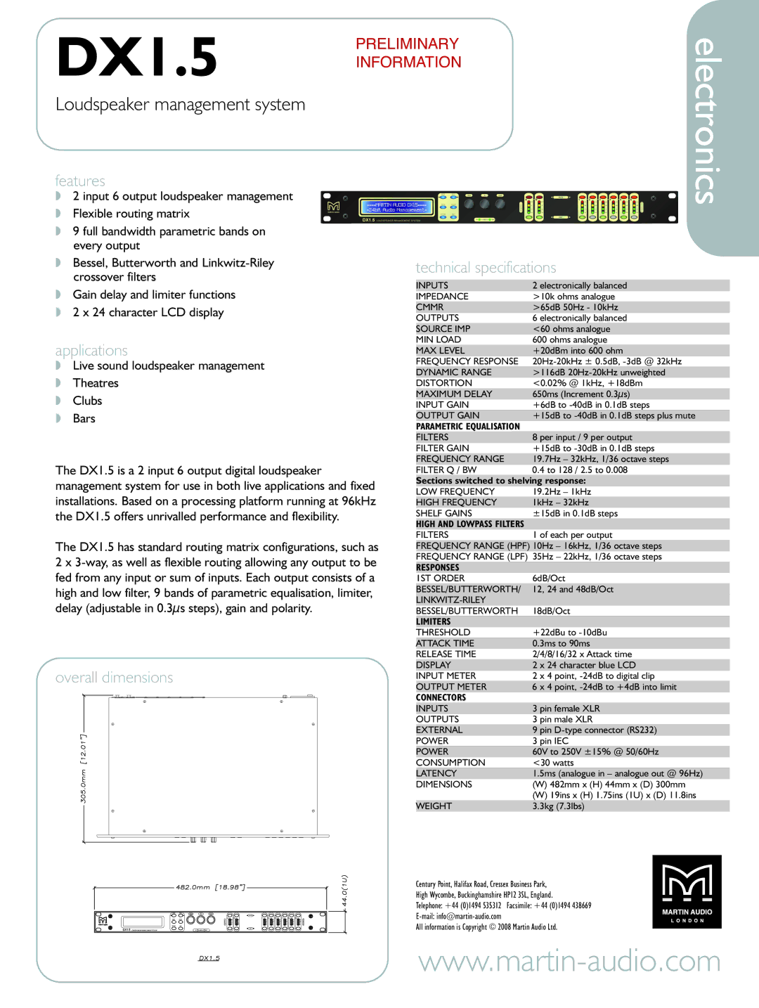 Martin Audio DX1.5 technical specifications Features, Applications, Overall dimensions Technical specifications 