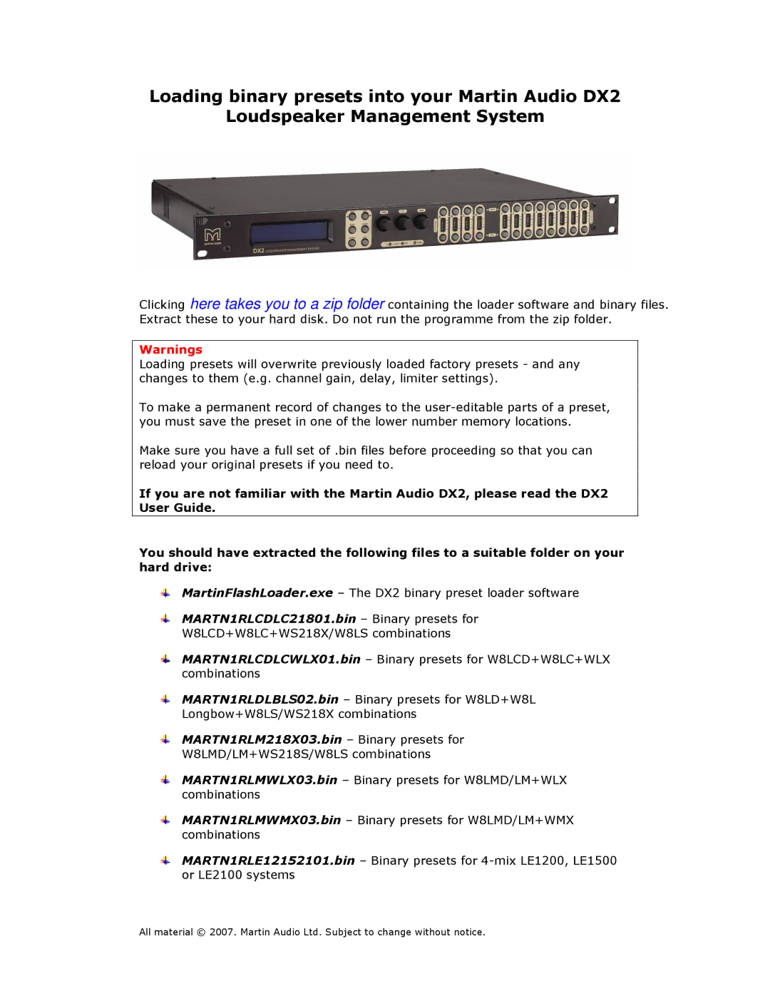 Martin Audio DX2 manual MARTN1RLCDLC21801.bin Binary presets for 