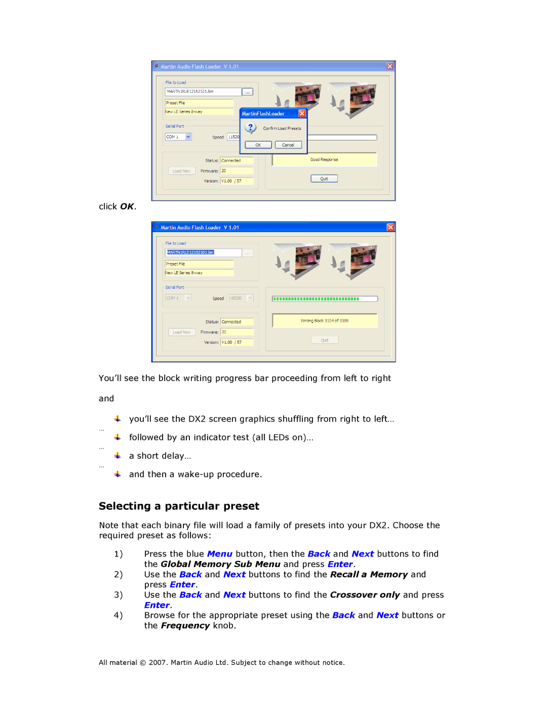 Martin Audio DX2 manual Selecting a particular preset 