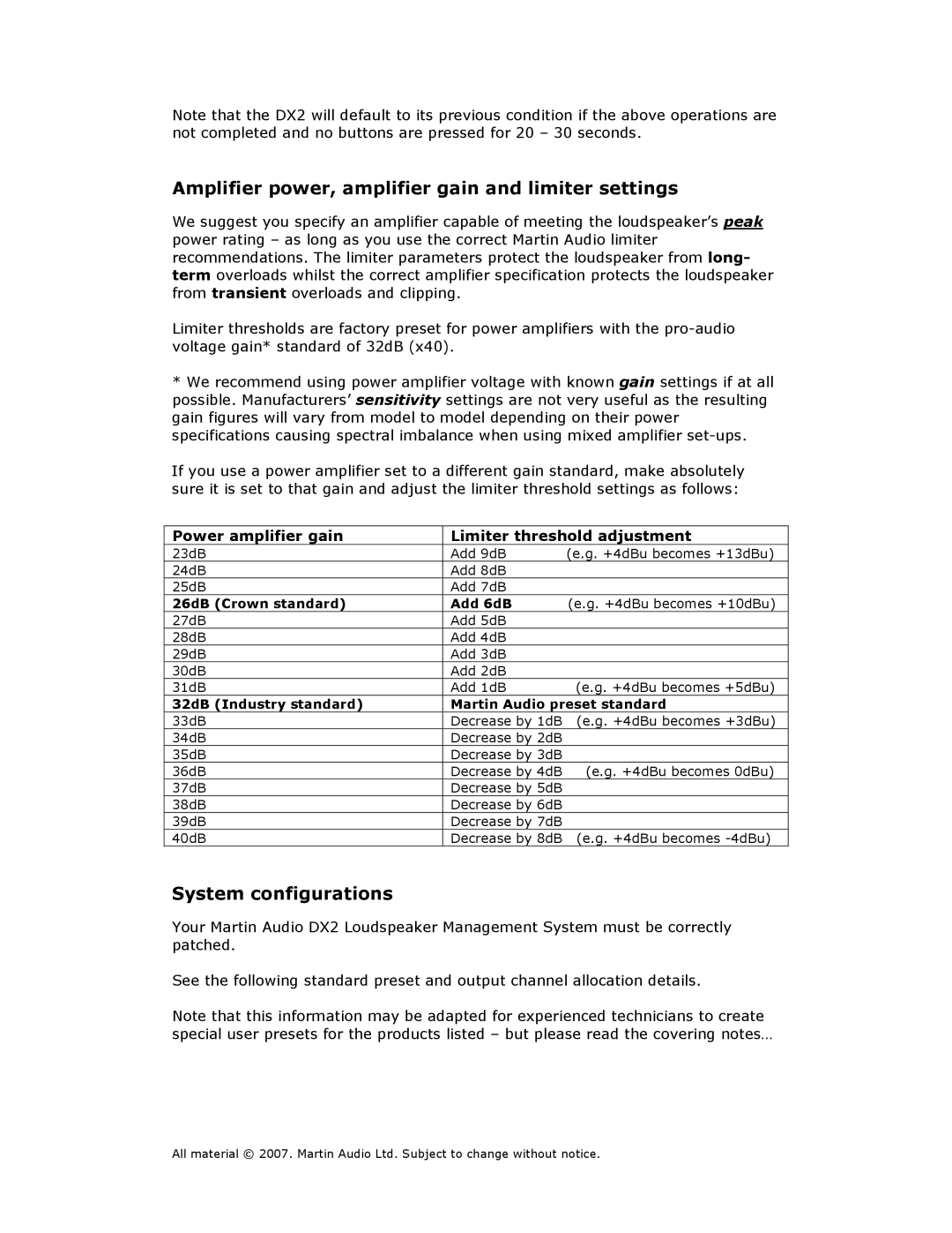 Martin Audio DX2 manual Amplifier power, amplifier gain and limiter settings 