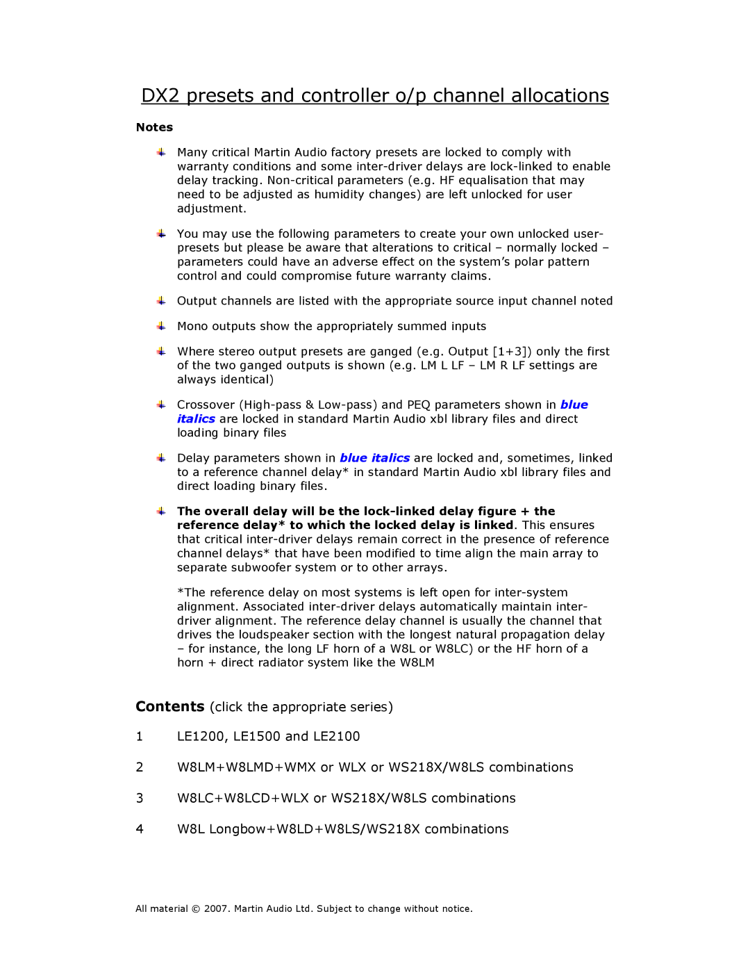 Martin Audio manual DX2 presets and controller o/p channel allocations 