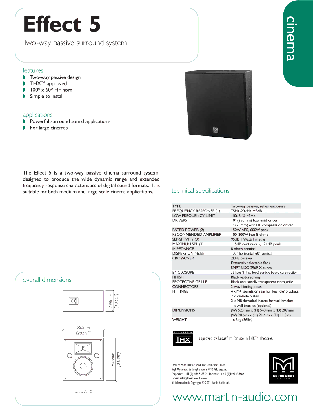 Martin Audio Effect 5 technical specifications Cinema, Two-way passive surround system 