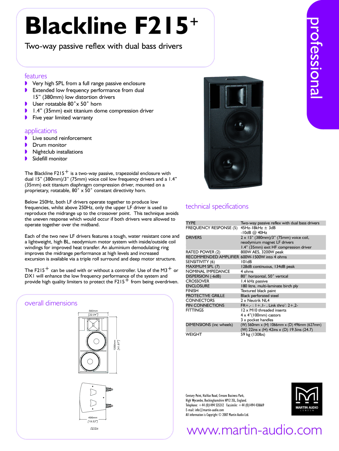 Martin Audio technical specifications Blackline F215+, Professional, Two-way passive reflex with dual bass drivers 