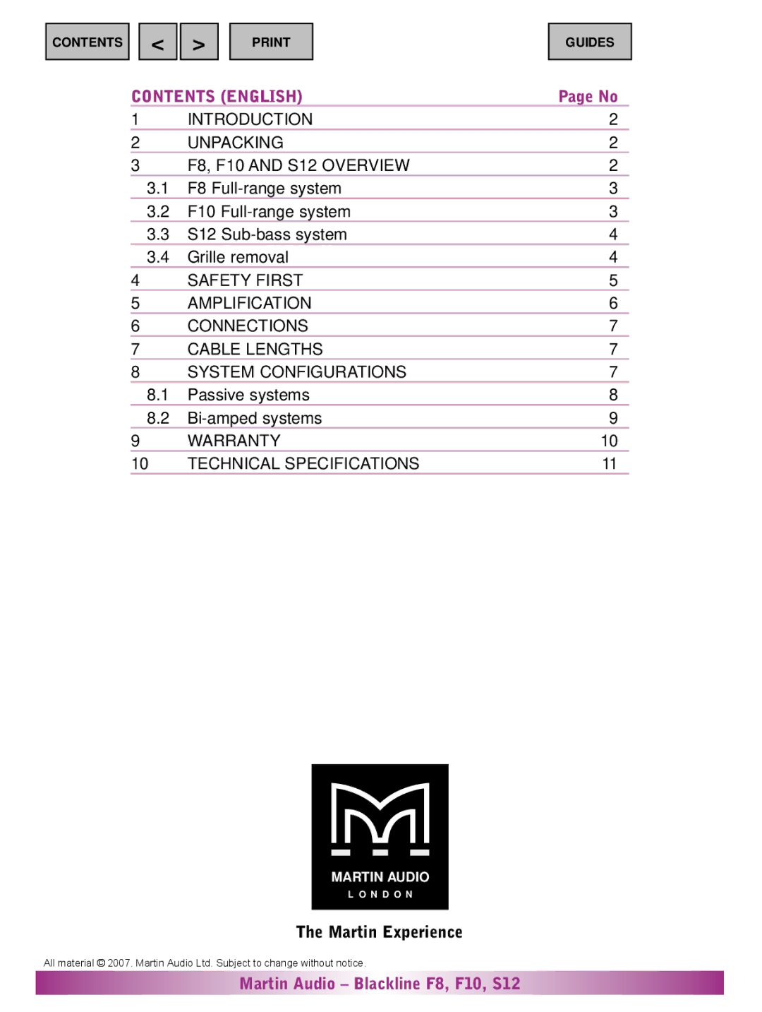 Martin Audio F10, F8, S12 warranty Contents English 