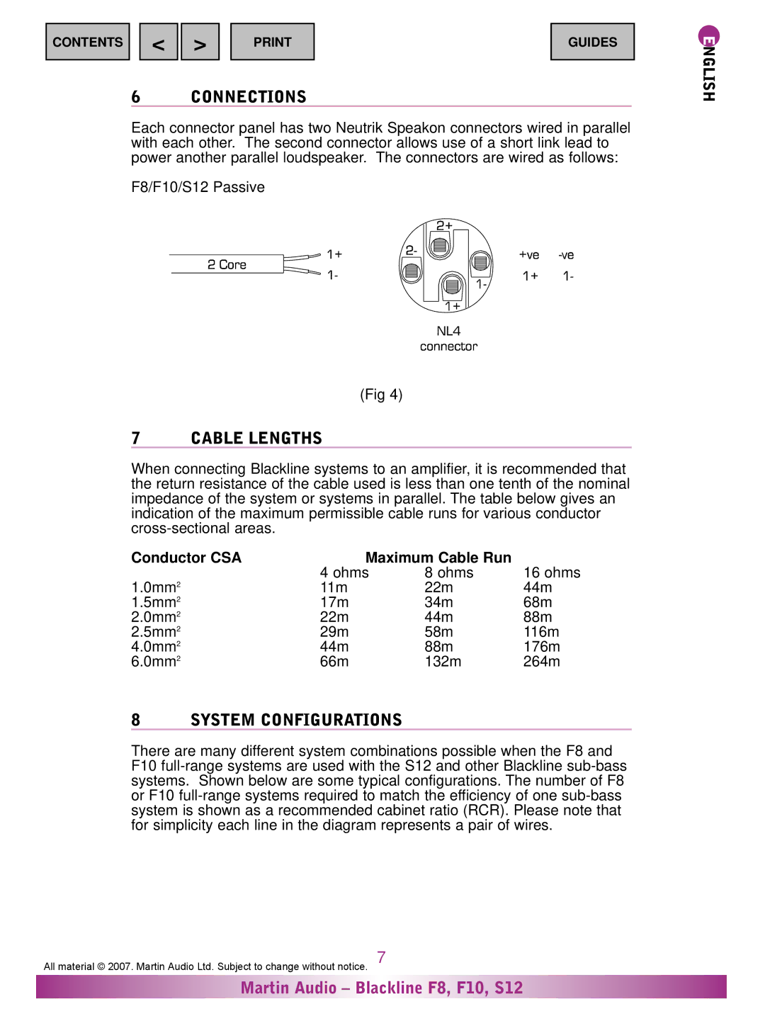 Martin Audio F10, F8, S12 warranty Connections, Cable Lengths, System Configurations 