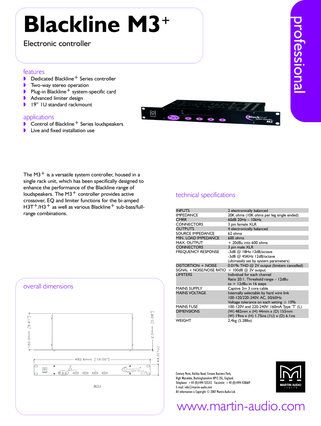 Martin Audio technical specifications Blackline M3+, Electronic controller, Features, Applications, Overall dimensions 