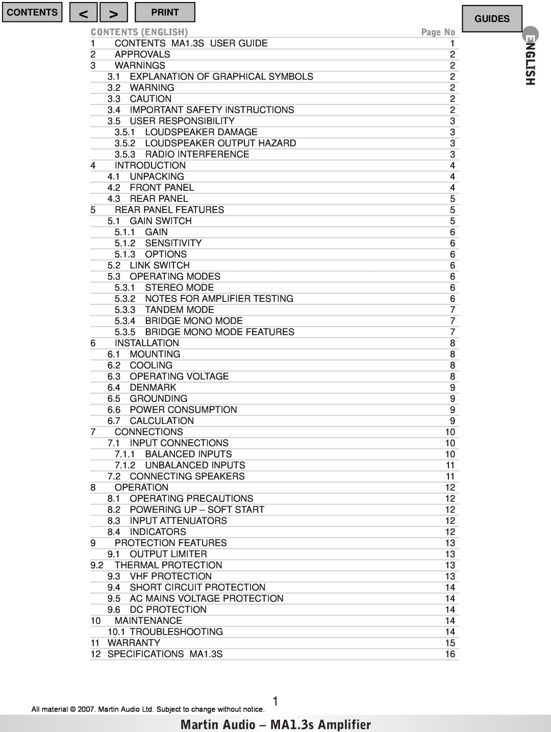 Martin Audio important safety instructions Martin Audio - MA1.3s Amplifier, English, Contents, Print, Guides, Page No 