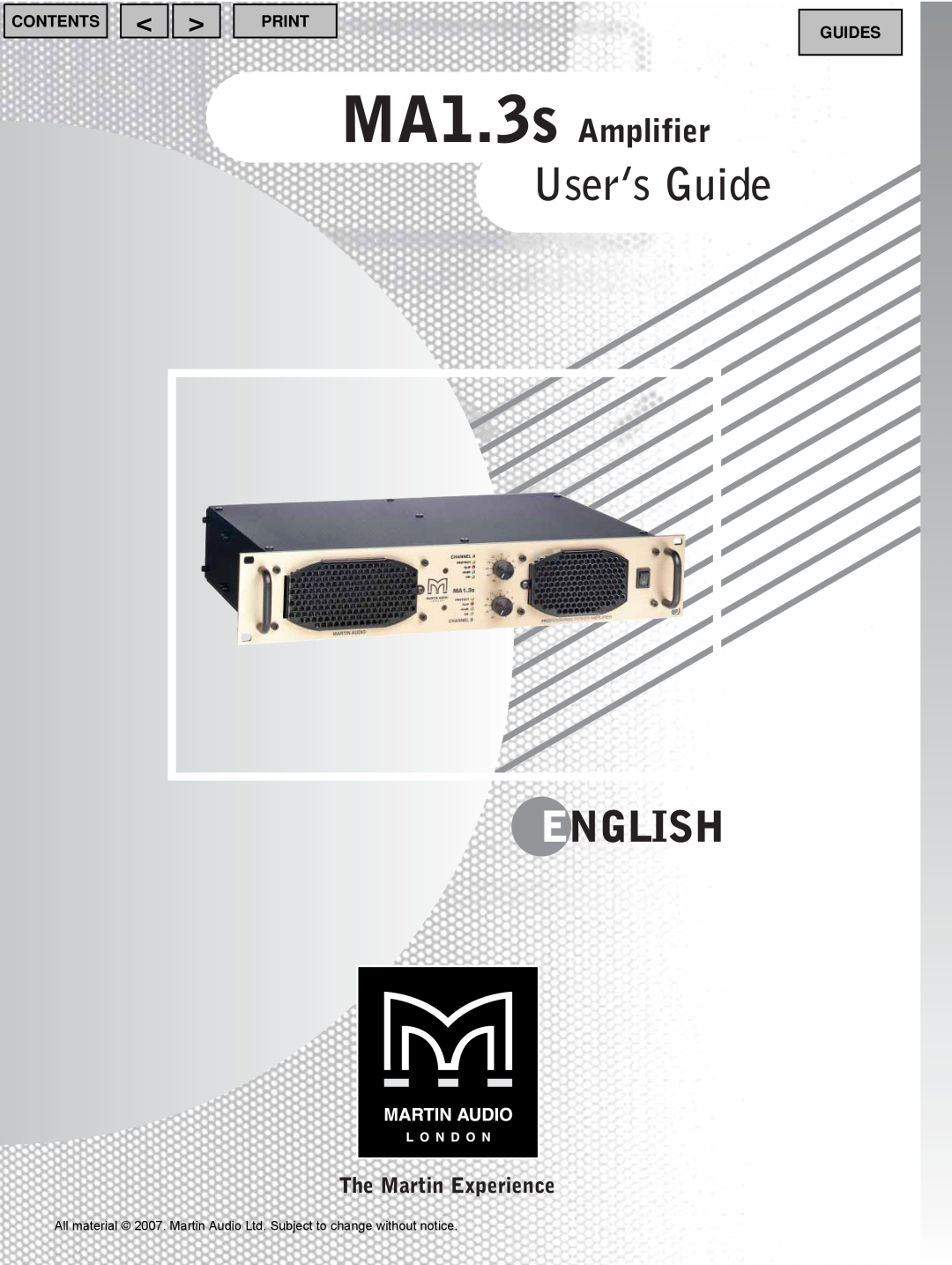 Martin Audio User’s Guide, English, MA1.3s Amplifier, The Martin Experience, Contents, Print, Guides 
