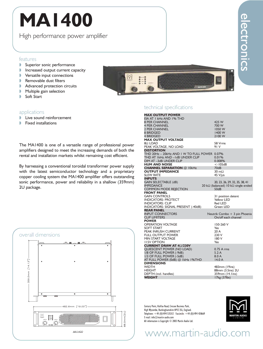 Martin Audio MA1400 technical specifications Features, Applications, Overall dimensions, Technical specifications 