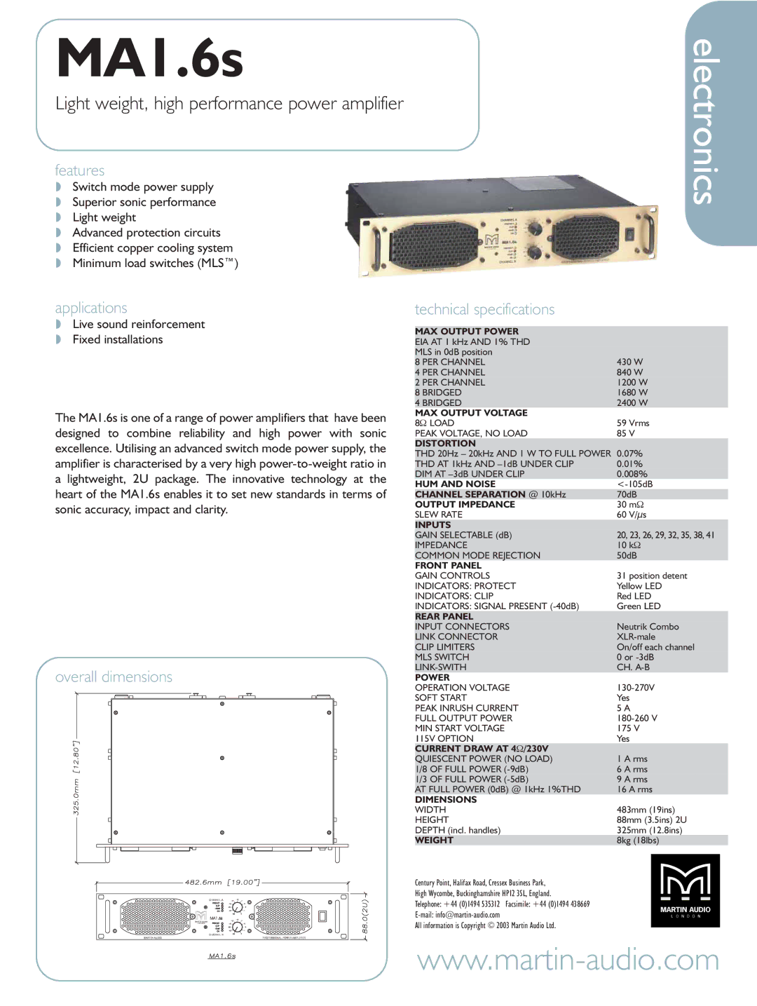 Martin Audio MA1.6s technical specifications Features, Applications, Overall dimensions Technical specifications 