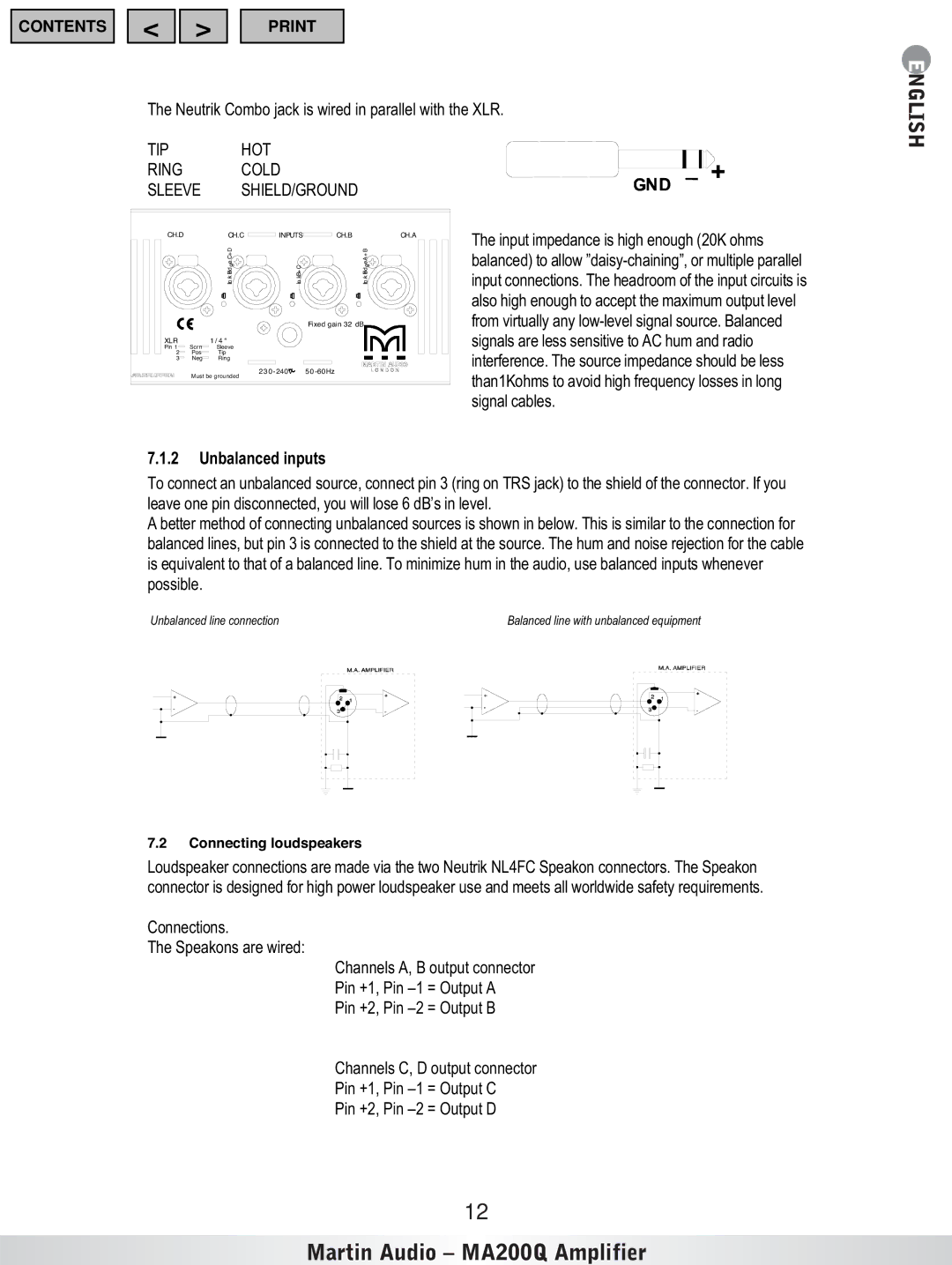 Martin Audio MA200Q important safety instructions English, Unbalanced inputs 