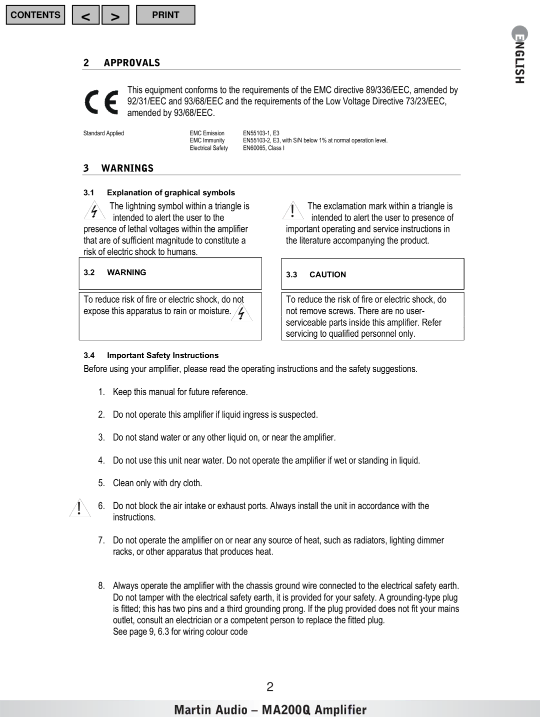 Martin Audio MA200Q important safety instructions Approvals, Explanation of graphical symbols 