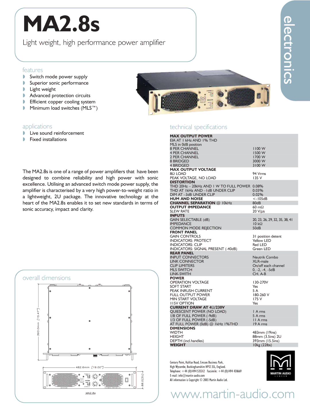 Martin Audio MA2.8s technical specifications Features, Applications, Overall dimensions Technical specifications 