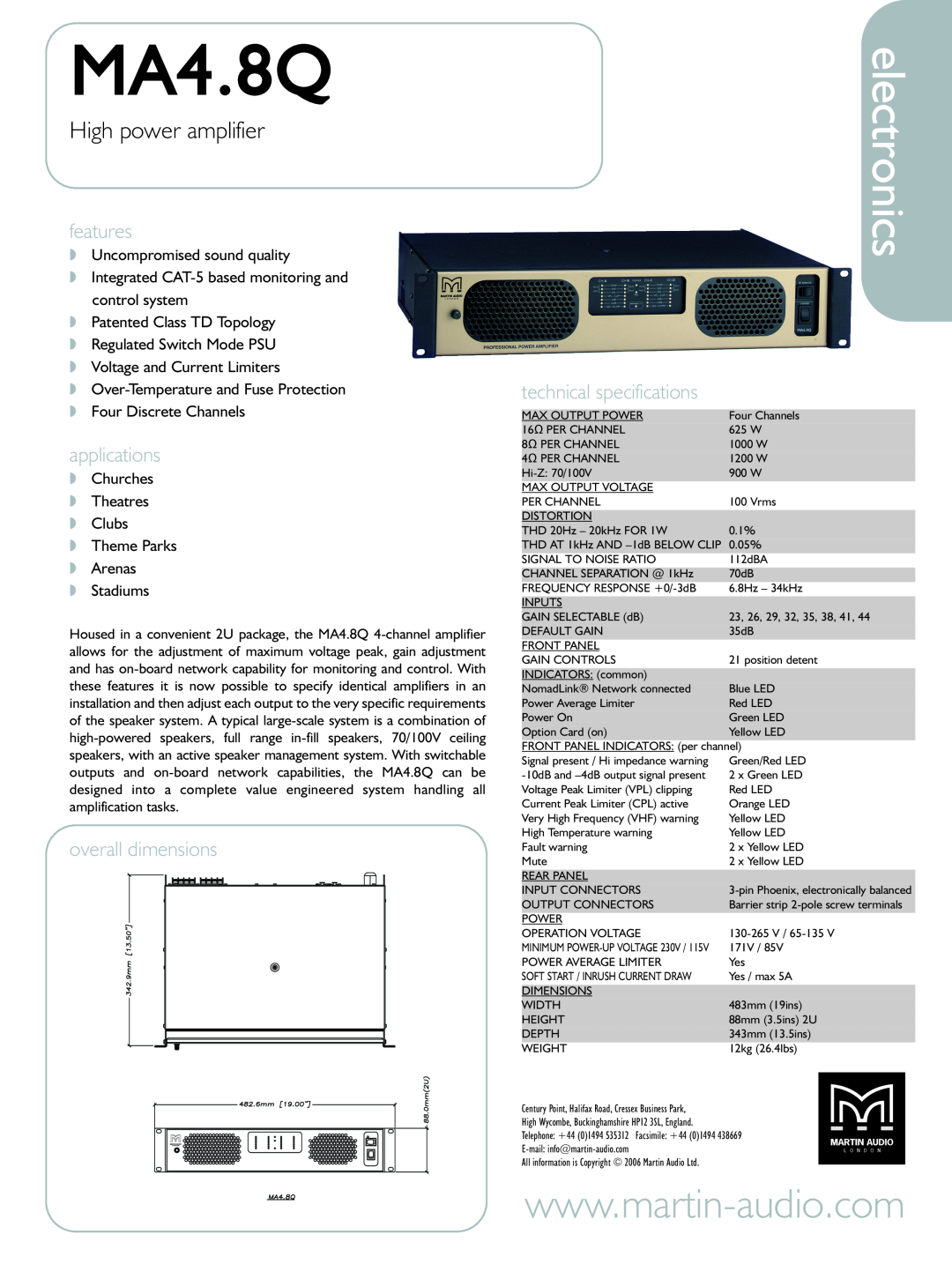Martin Audio MA4.8Q technical specifications electronics, High power amplifier, features, applications, overall dimensions 