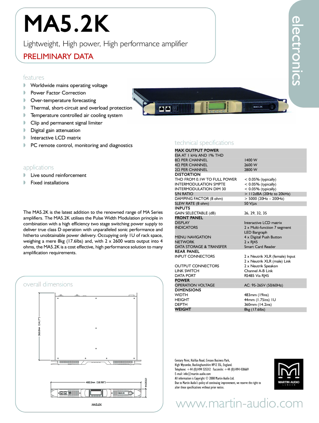 Martin Audio MA5.2K technical specifications Electronics, Preliminary Data 