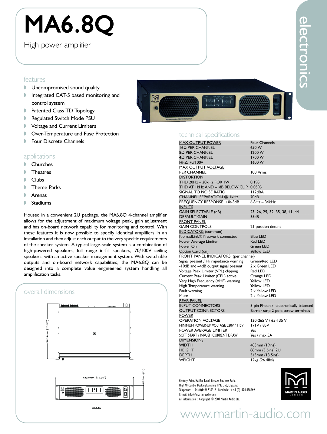 Martin Audio MA6.8Q technical specifications electronics, High power amplifier, features, applications, overall dimensions 