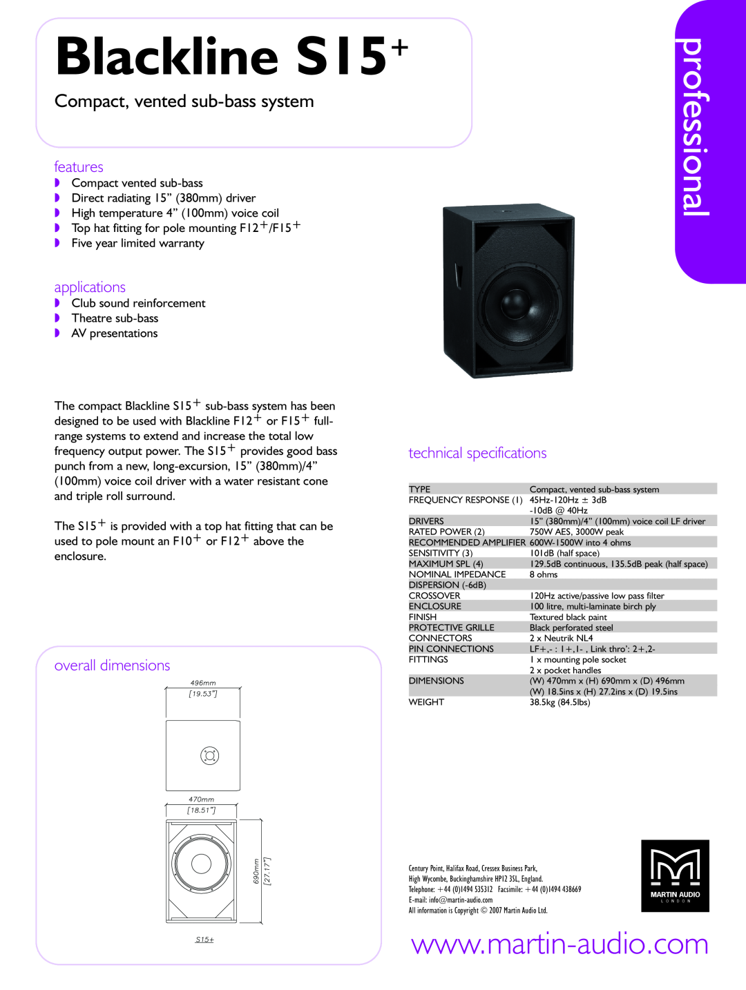 Martin Audio technical specifications Blackline S15+, professional, Compact, vented sub-bass system, features 