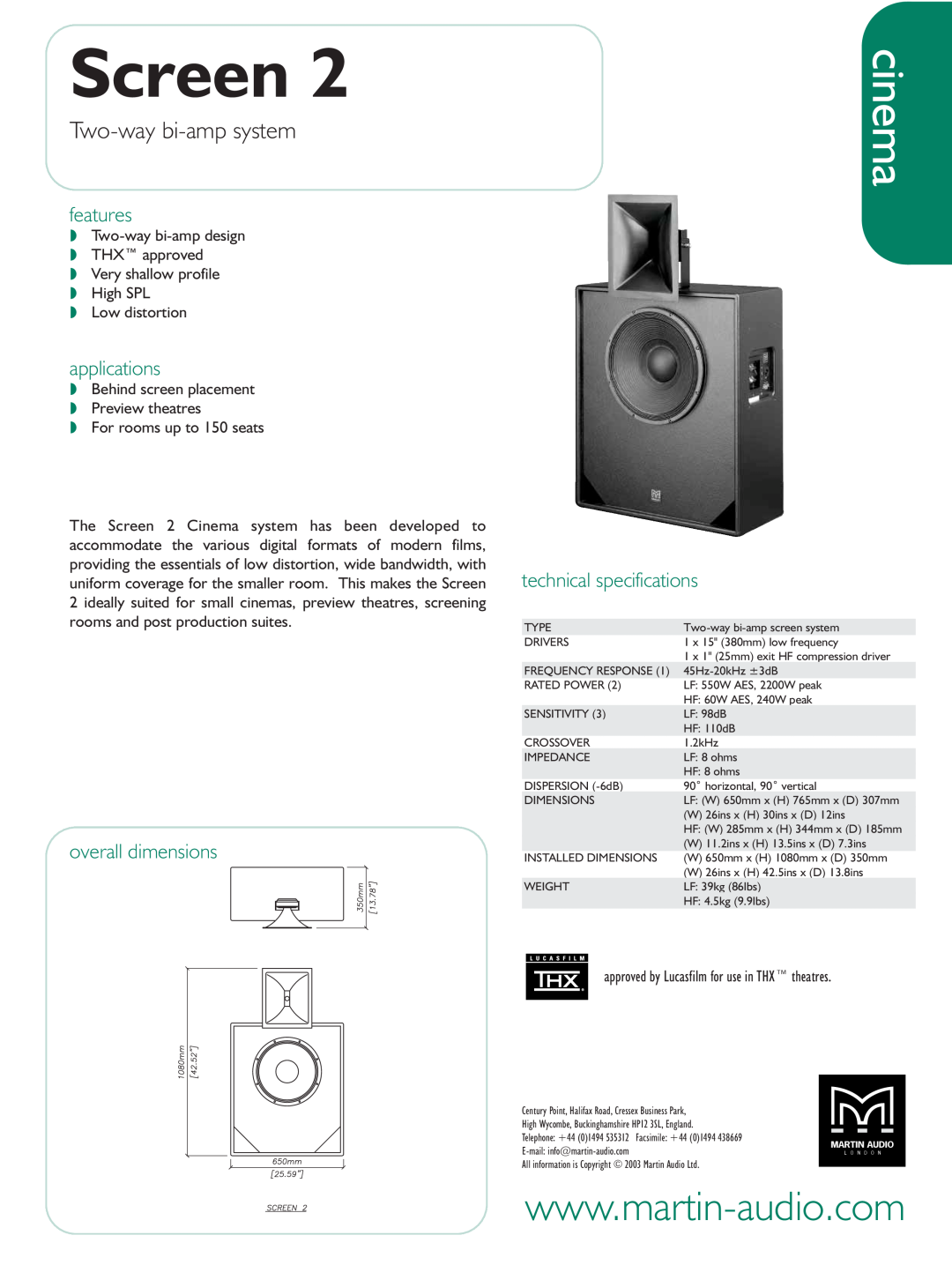 Martin Audio Screen 2 technical specifications cinema, Two-way bi-ampsystem, features, applications, overall dimensions 