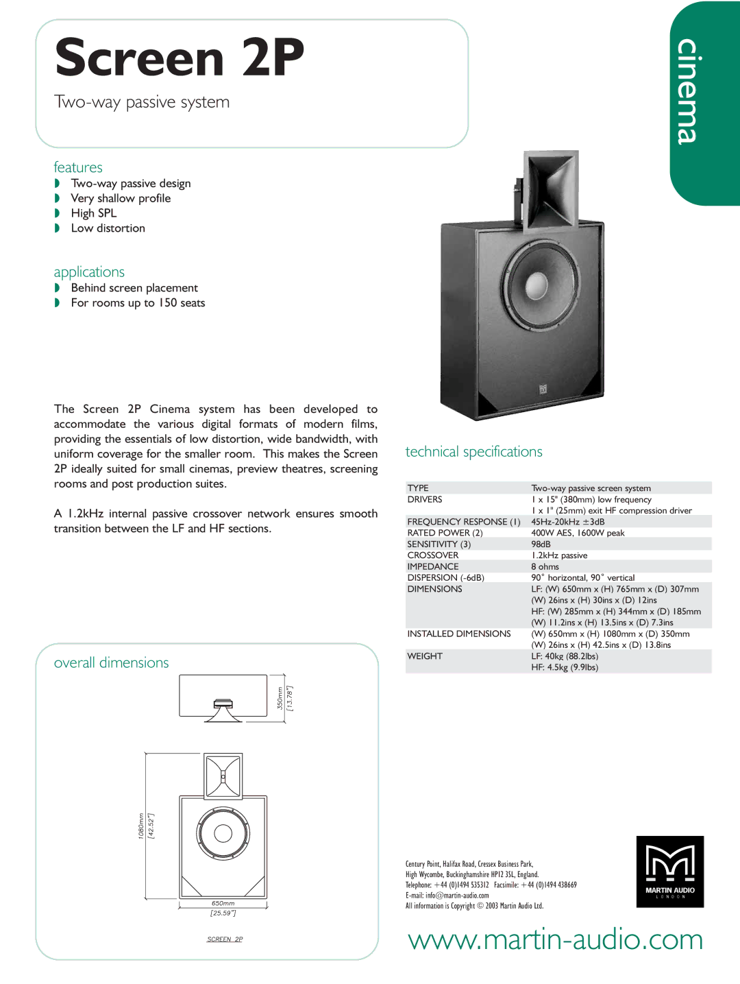 Martin Audio Screen 2P technical specifications Cinema, Two-way passive system 