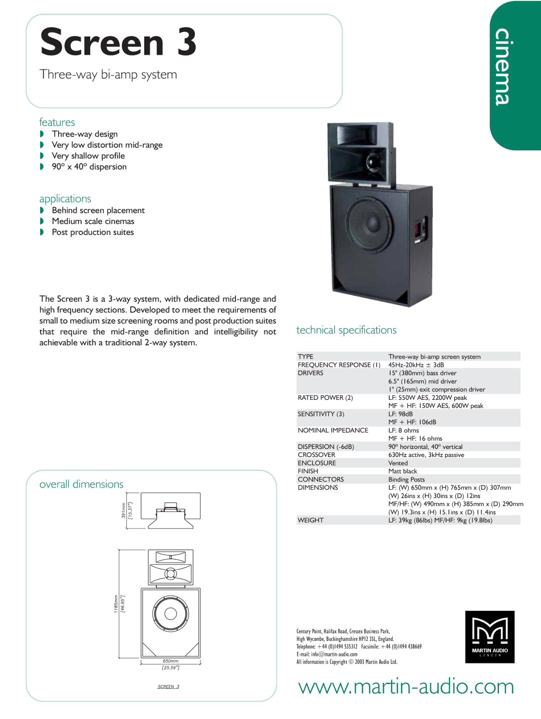 Martin Audio Screen 3 technical specifications Cinema, Three-way bi-amp system 