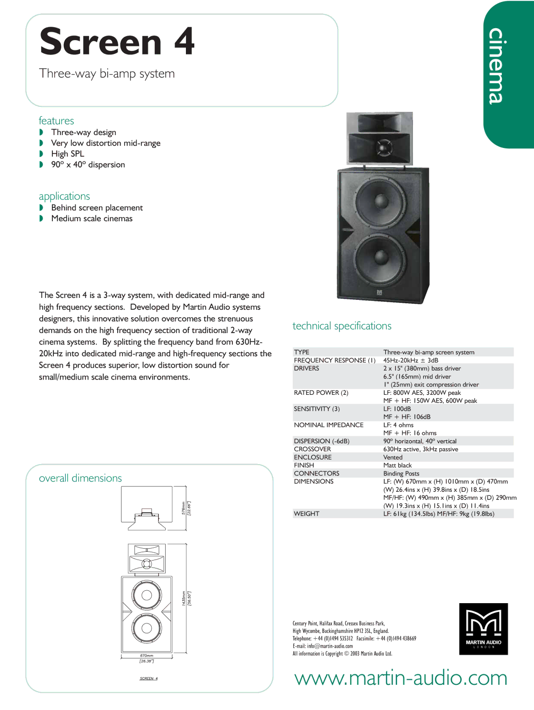 Martin Audio Screen 4 technical specifications Cinema, Three-way bi-amp system 