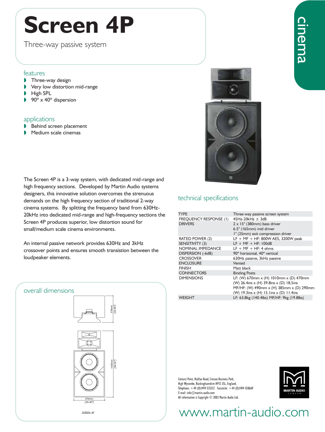 Martin Audio Screen 4P technical specifications cinema, Three-waypassive system, features, applications 