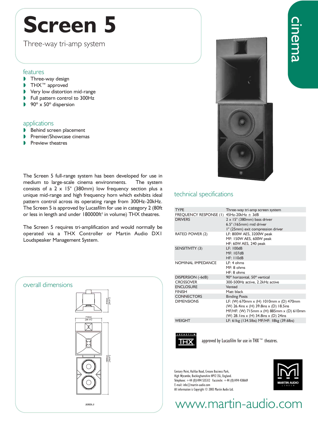 Martin Audio Screen 5 technical specifications Cinema, Three-way tri-amp system 