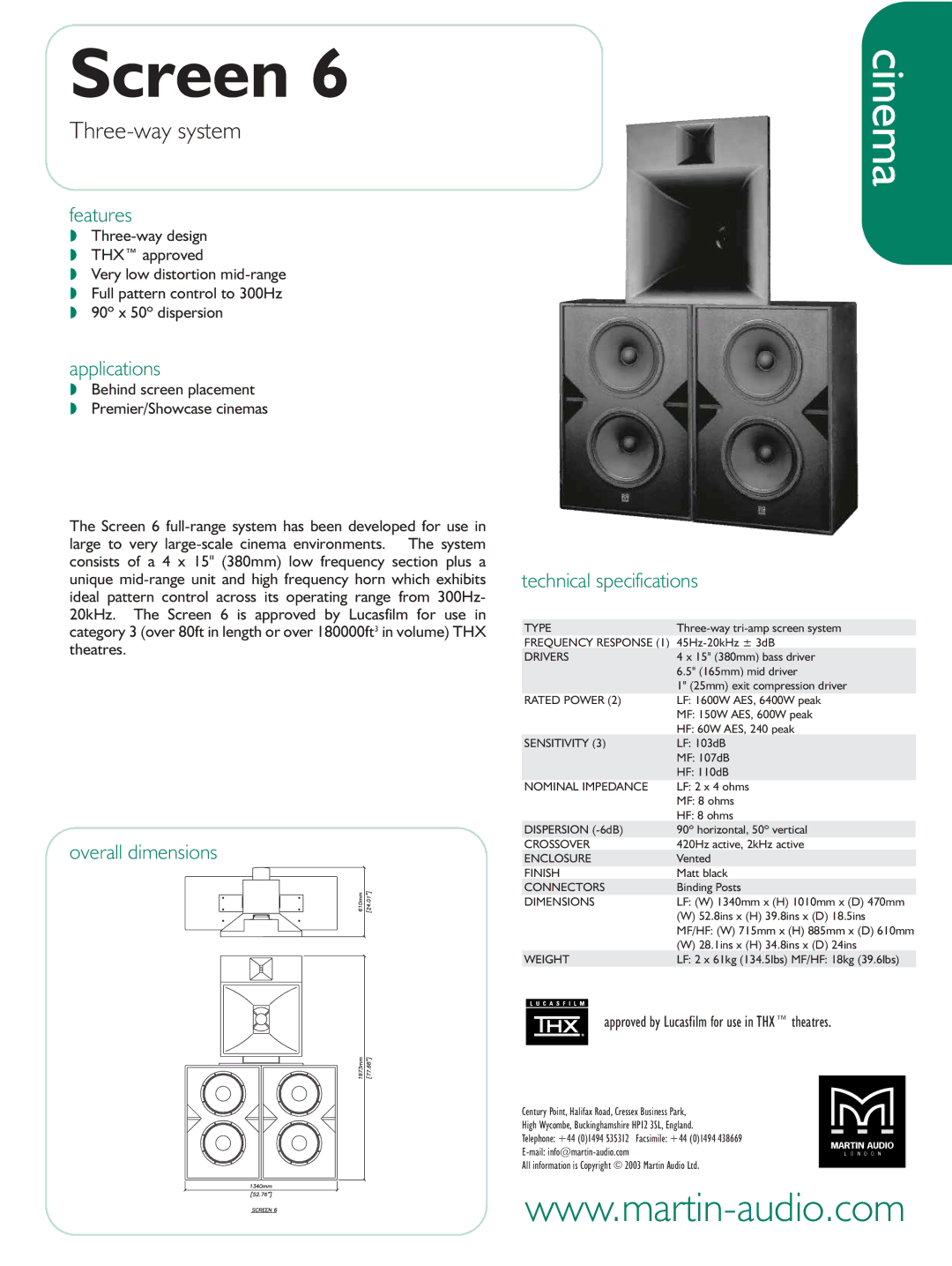 Martin Audio Screen 6 technical specifications Cinema, Three-way system 